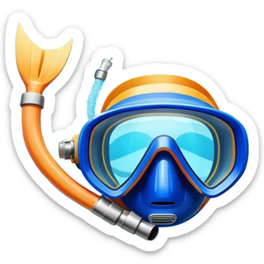 An icon featuring a close-up of a diving mask, snorkel, and fins floating on the surface of vibrant blue water. In the background, coral reefs and tropical fish create a lively underwater scene. Transparent background highlights the beauty and adventure of the diving experience. sticker