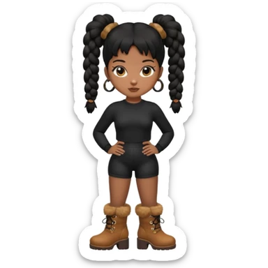 A brown skin girl thats slim and thick body with black hair into two puffy pigtails  and wears all black outfit with brown furry boots  sticker