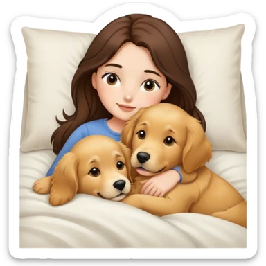 Golden retriever and brunette girl cuddling in a bed  sticker