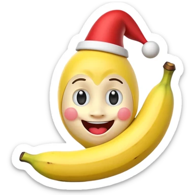 A 3D cartoon banana with a red nose and tiny hat, smiling face, playful pose, Memoji-style. sticker