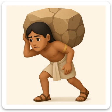 Create a fullbody ancient Egyptian worker, no fancy hat, carrying a rock block on their back, leaning forward. The style should resemble emoji style with simple and concise features. sticker