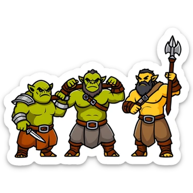Lineage 2 fantasy characters with Orc warrior, Kamael fighter, Artea dancer, and Dwarven blacksmith sticker