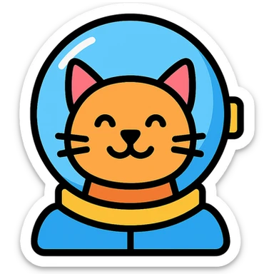 cat's head inside a futuristic astronaut helmet, minimal background, sleek design sticker