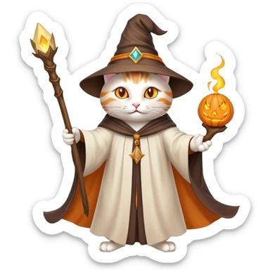A cat wizard casting a spell with magical staff and flowing robes sticker