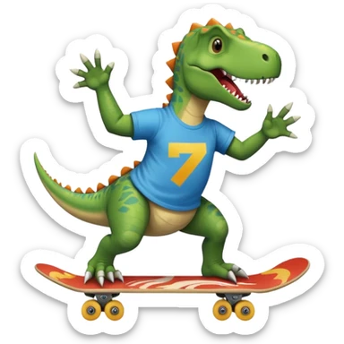 Dinosaur skateboarding at the skate park wearing a t-shirt and doing six seven and dancing sticker