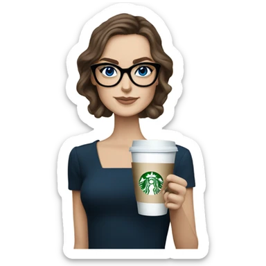 Photo of elegant Keira Knightly wearing black glasses and blue eyes holding Starbucks  sticker