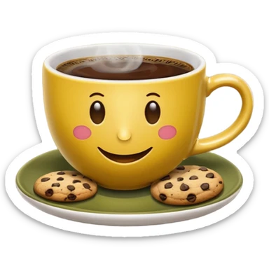 A cup of coffee, steaming, the smoke is heart-shaped, the cup is mustard yellow, the cup has a happy face printed on it, the cup sits on an olive green saucer, and there are cookies around the cup. sticker