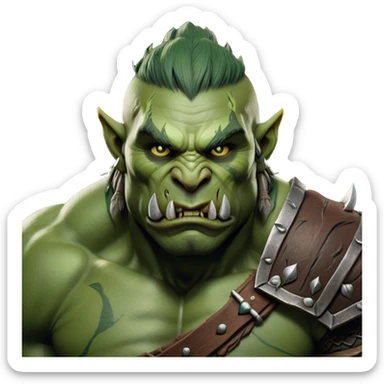 Cinematic Realistic WoW Orc Warrior Portrait, head tilted epicly and inquisitively, showcasing a commanding presence and raw, unyielding power. His battle-hardened green skin and muscular form, accented by meticulously crafted tribal armor in deep earthy hues, are rendered with lifelike clarity and dynamic lighting, high shine, epic and awe-inspiring, embodying the relentless spirit of an orc warrior ready for battle. sticker