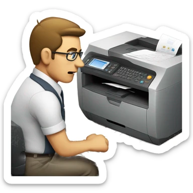 Printer operator getting annoyed at a large printer because it stops working sticker