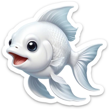 Cinematic Comical White Goldfish Portrait Emoji, Head tilted dramatically with an exaggeratedly amused expression, featuring a striking, glossy pure white body with elegantly fluttering fins, wide, expressive pale eyes filled with playful disbelief, Simplified yet hilariously expressive features, highly detailed, glowing with a slightly sassy glow, high shine, dramatic yet playful, stylized with an air of cheeky mischief, bright and endearing, soft glowing outline, capturing the essence of a spirited and over-the-top goldfish, so meme-worthy it feels like it could side-eye its way into internet fame instantly! sticker