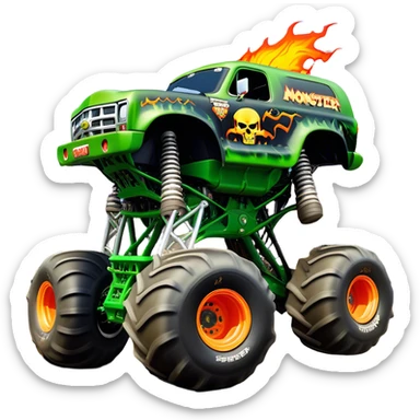 Grave Digger - Monster Jam (Model Year: 2022) (Iconic colour: Green with flames) - A legendary monster truck with a fearsome design: predominantly deep green with dynamic, vibrant flame graphics in bright orange and yellow. Highlight its rough, edgy bodywork and an aura of untamed rebellion. sticker