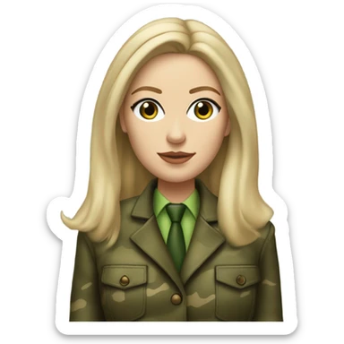 Realistic White woman with Long straight blonde hair and green eyes, camouflage Wool oversize blazer, mini skirt and Brown heeled leather boots  sticker
