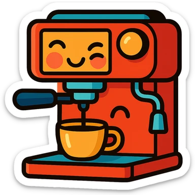 a coffee machine with blushing cheeks and a playful wink, personified, looking adorable sticker