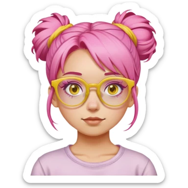 Girl with pink hair in a messy bun and yellow glasses sticker