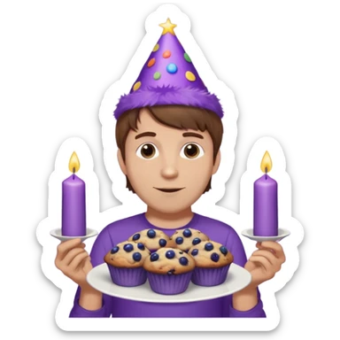 Man with brown hair wearing purple shirt and a party hat holding several blueberry muffins either candles in them  sticker