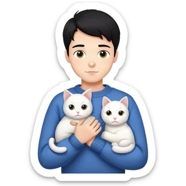 A handsome boy with black hair wearing a sweater is holding a white cat sticker
