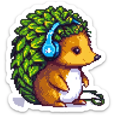 pixel art hedgehog, side view, bone conduction headphones sticker