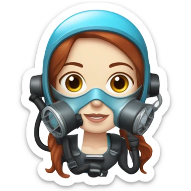 A young woman with red/ brown hair, blue eyes and pale skin with a scuba diving regulator in her mouth and a light blue scuba diving mask on  sticker