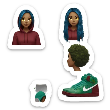 420 Lady with brunette and blue hair, hemp, gold, green dragon wings, maroon hoodie, 420, black and gold Nike t shirt, and bright red eyes sticker