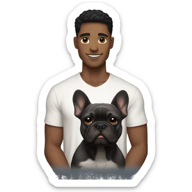 athletic light skin male with short black hair holding a brindle colored french bulldog sticker