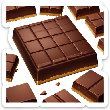 Cinematic silky dark chocolate bar, broken into perfect squares, rich cocoa tones, slightly melting edges, fine texture and decadent shine, warm golden highlights, tempting and rich. sticker