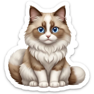 cinematic-[brown and white ragdoll cat]-realistic-full-body-sitting-emoji,-tail-curled-playfully-around-its-paws,-head-tilted-dramatically,-fluffy-[brown and white]-fur,-simplified-yet-realistic-focused-features,-highly-detailed,-glowing-with-an-almost-sarcastic-glow, with blue eyes sticker