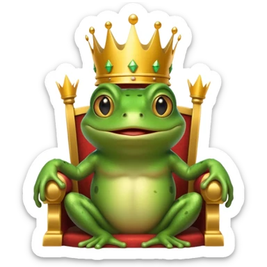 A frog wearing a crown, confidently sitting on a golden throne, portrait, bust up sticker