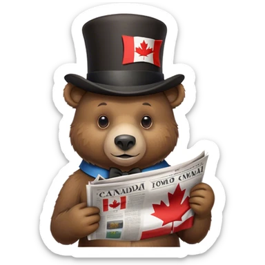 bear waring a top hat that has canadian flag on it and reading newspaper sticker