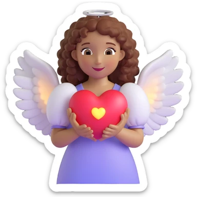 angel with curly hair holding a glowing heart, pastel colors, gentle smile, detailed wings, soft lighting sticker