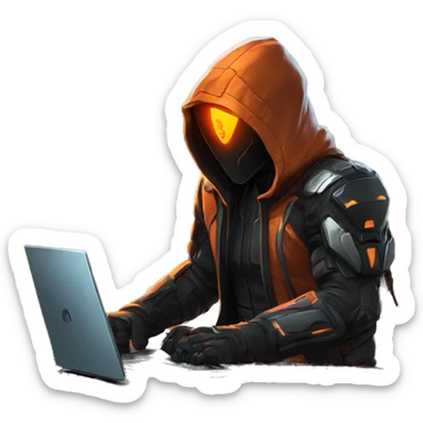 Side view developer behind his laptop with this style : crysis Cyberpunk Valorant orange glowing bright orange character orange black hooded assassin themed character sticker