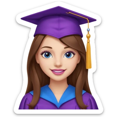 girl with gorgeous long brown hair, blue eyes, long lashes makeup, sexy pink lips, wearing a purple graduation cap and gown sticker