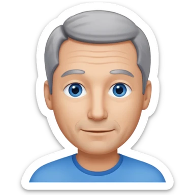 Middle aged man with receding grey and black hair and no beard, blue eyes, shy smile, tanned skin sticker