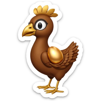 A 3D cartoon Sankofa bird with its head gracefully turned backward holding a golden egg in its beak, symbolizing learning from the past, single bird in frame, gold and brown tones, clean black background, Memoji-style rendering sticker