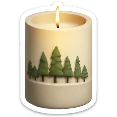 Candle in beige concrete vessel with painted pine trees sticker