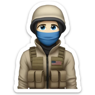 male, pale skin, face mask, tan tactical gear, combat boots, black beanie, blue eyes sticker