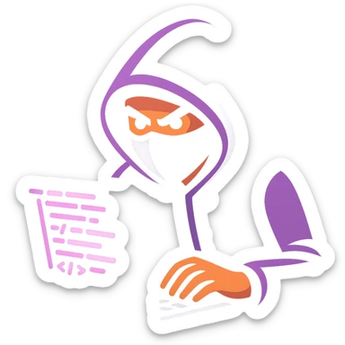 Show the purple-themed hacker actively coding on a laptop, with glowing code on the screen, keep the digital vibrant toon style sticker