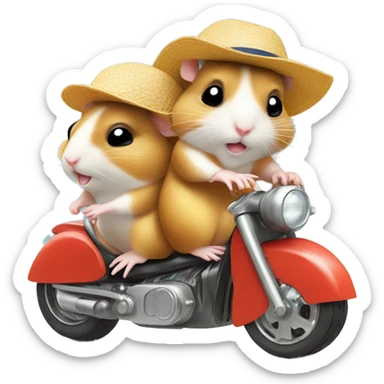 Two hamsters wearing swim shorts and sun hats driving by motorbike on the beach sticker