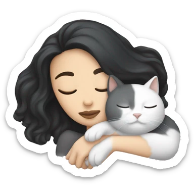 white girl with black hair sleeping with a gray cat sticker