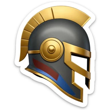 A stylized Trojan helmet emblem shown in side profile, featuring a sleek, angular shape with a crest on top and a face guard extending downward. The helmet is dark gray with subtle metallic shading and a thin gold accent line.  sticker