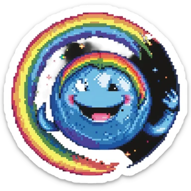 planet with rainbow gradient surface and a big happy smile sticker
