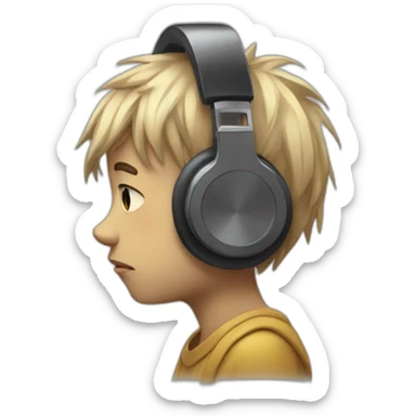 Illustrate a melancholic emoji of a sad boy, head bowed, with headphones on, lost in the emotional melodies of heartbreak. sticker