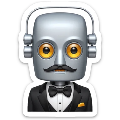 Robot with a square head, thick handlebar moustache, headlight eyes, wearing a tuxedo, buff sticker