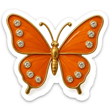 single orange butterfly, orange enamel, sparkling gems, transparent background sticker