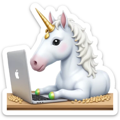 Unicorn coding on a laptop, with peanuts all over the computer sticker