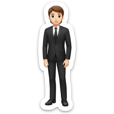 Caucasian male, brown hair, standing wearing dark suit and shoes, with hands on hips sticker