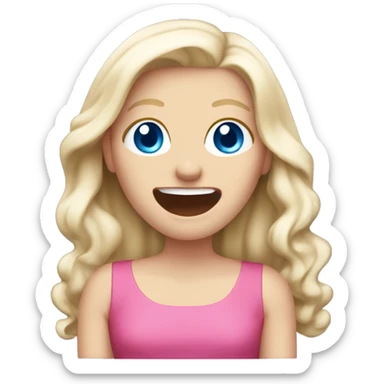 White girl. Long white blonde hair. Blue eyes. Pink dress. Hand in front of mouth laughing  sticker