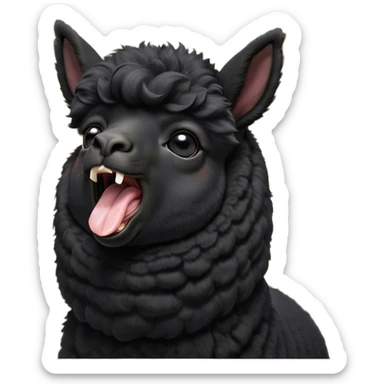 Cinematic Cute Yawning Black Alpaca Portrait Emoji, Head tilted slightly with a dramatic, wide-open yawn, showcasing a soft, plush jet-black fleece with gently drooping ears, round dark eyes barely open in drowsy contentment, Simplified yet irresistibly adorable features, highly detailed, glowing with a soft, cozy glow, high shine, relaxed yet expressive, stylized with a touch of whimsy, bright and endearing, soft glowing outline, capturing the essence of a sleepy yet affectionate alpaca, so drowsy it feels like it could stretch out of the screen and curl up for a nap! sticker