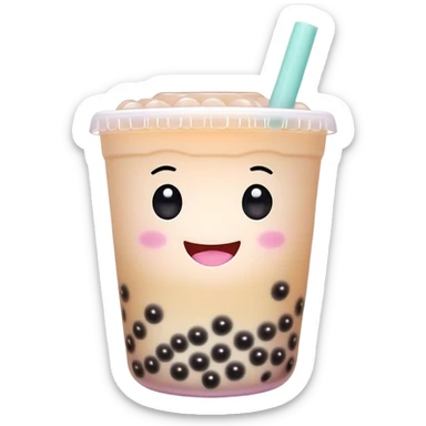 Cinematic pastel-colored bubble tea, chubby cup with a smiling face, tiny black tapioca pearls peeking out, soft glowing background, playful and adorable. sticker