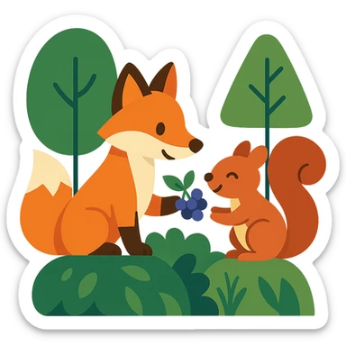 a fox and squirrel sharing berries, forest friendship scene sticker