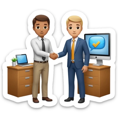a video editor handshaking with a castomer. customer wears suit and tie but video editor wears shirt and trouser. they are handshaking inside a corporate office. sticker